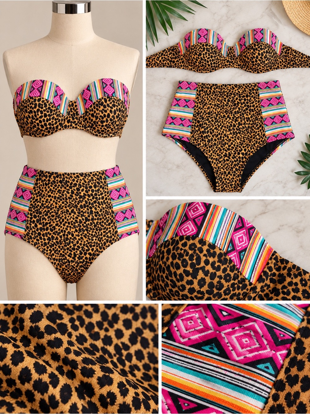 Volcom Leopard Print High-Waist Bikini with Pink Aztec Accents